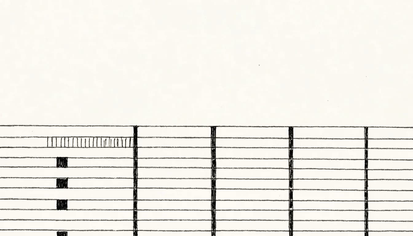 Ink drawing of a ruled ledger on cream paper, with a row of tick marks and filled squares down the first column