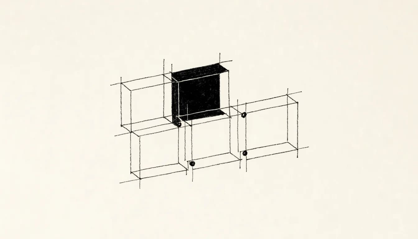 Ink sketch of open wireframe boxes joined into one structure on cream paper, with one box filled in solid black