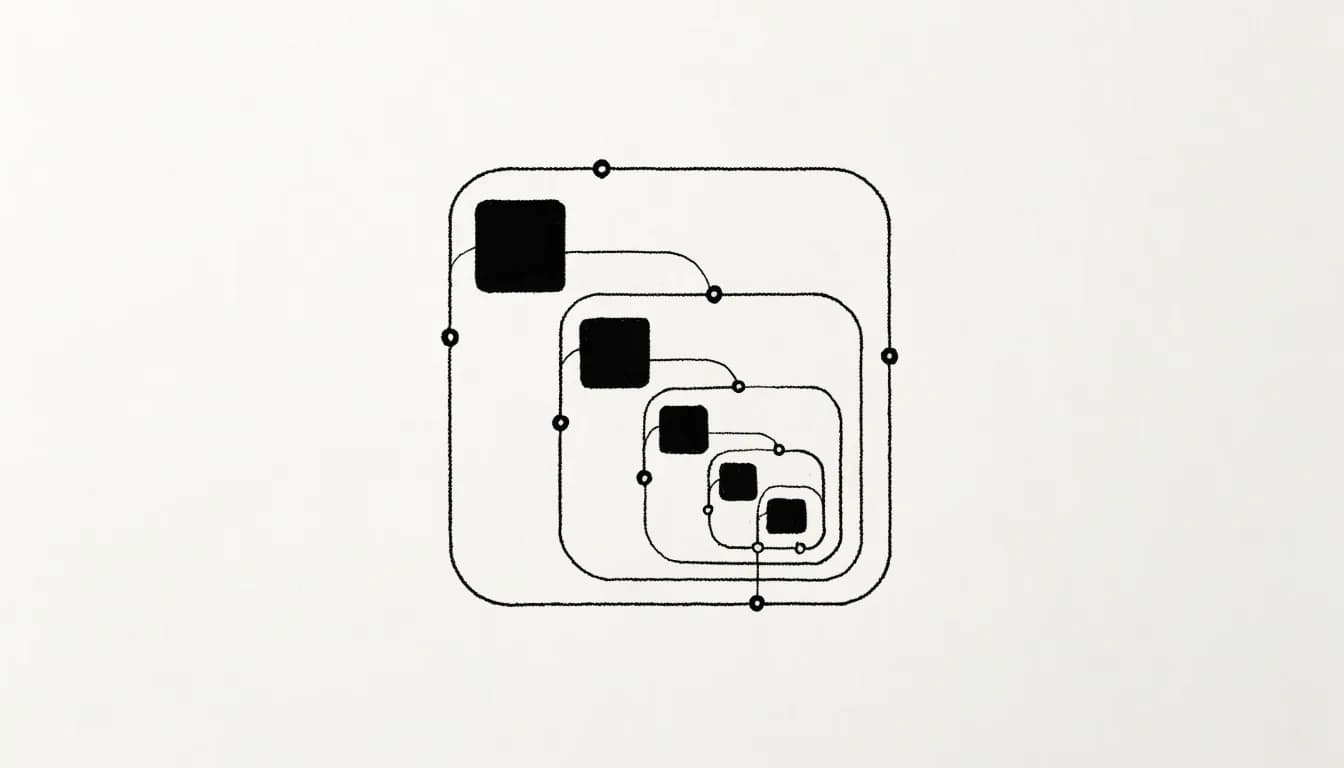 Ink drawing of nested rounded squares on pale paper, each holding a solid black block and joined to the next by a line